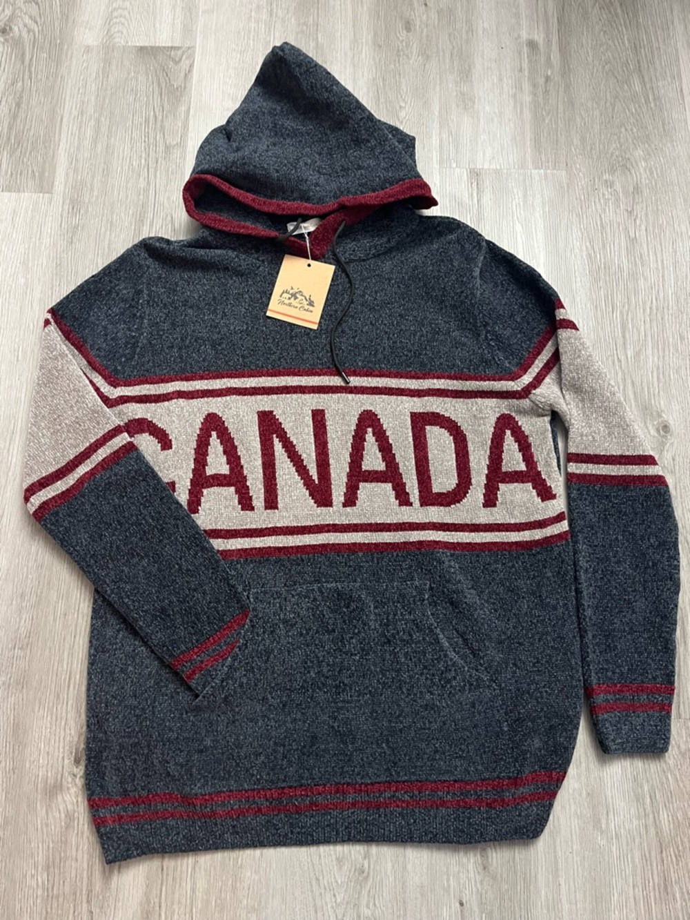 0073–NWT CANADA Hooded Pullover Sweater - Charcoal & Burgundy